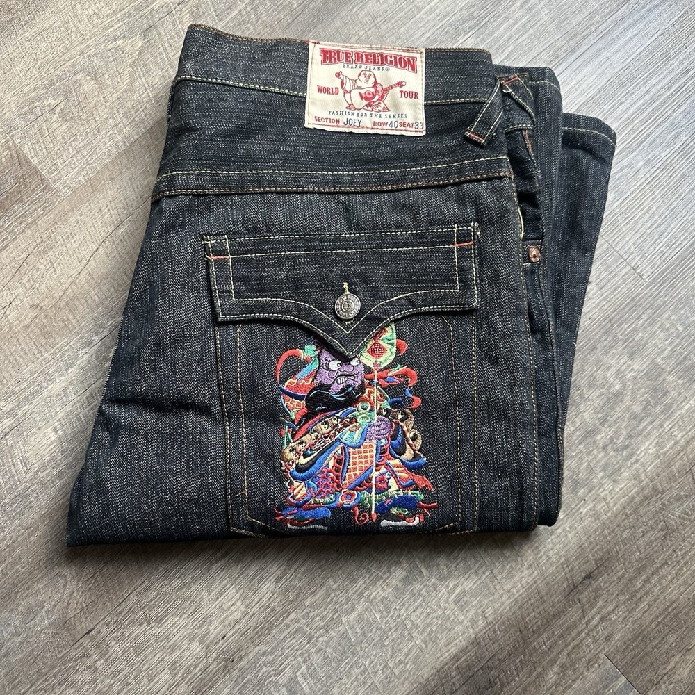 True Religion Men's Jeans JOEY  40 X 33 HINDU Warrior Embroidery Rare Grail EXC